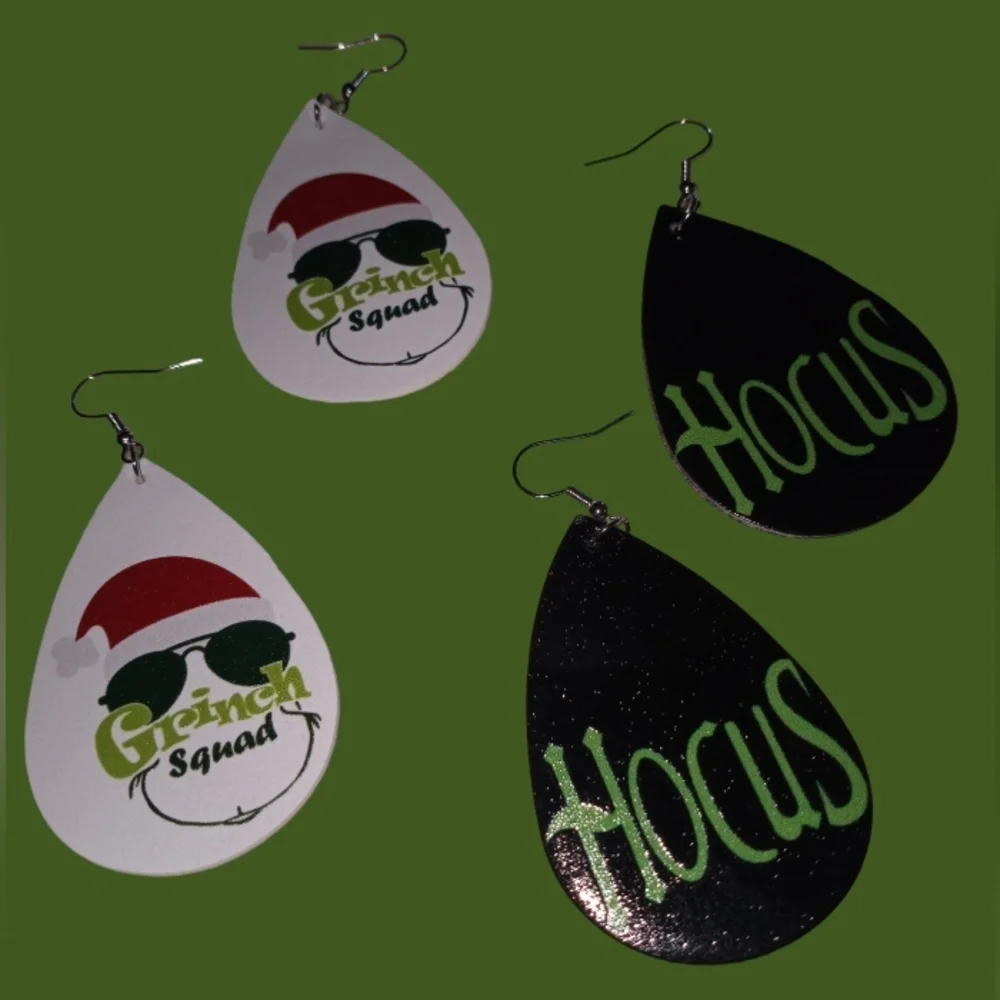 Faux leather grinch teardrop earrings